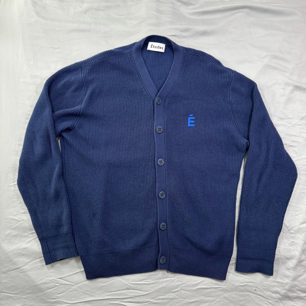 Etudes Navy Blue Rib Knit Y-Neck Collar Cardigan Mens 3 (L) Luxury Preppy Chunky